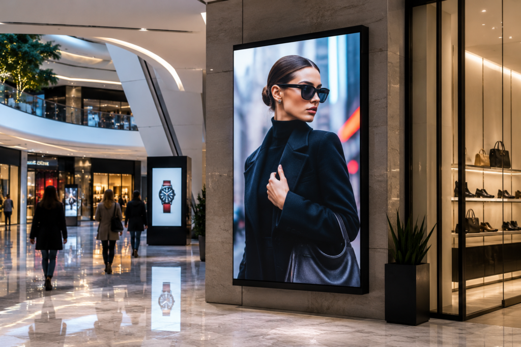 Freestanding LED poster display showcasing vibrant promotional content inside a modern retail environment