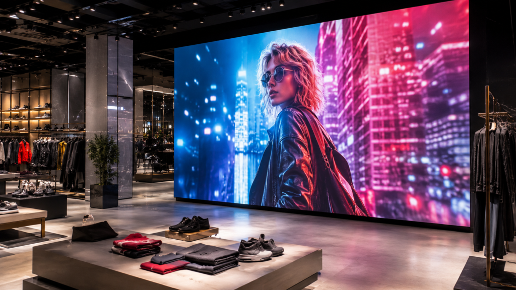 Large retail LED video wall displaying dynamic promotional content inside a modern shopping environment